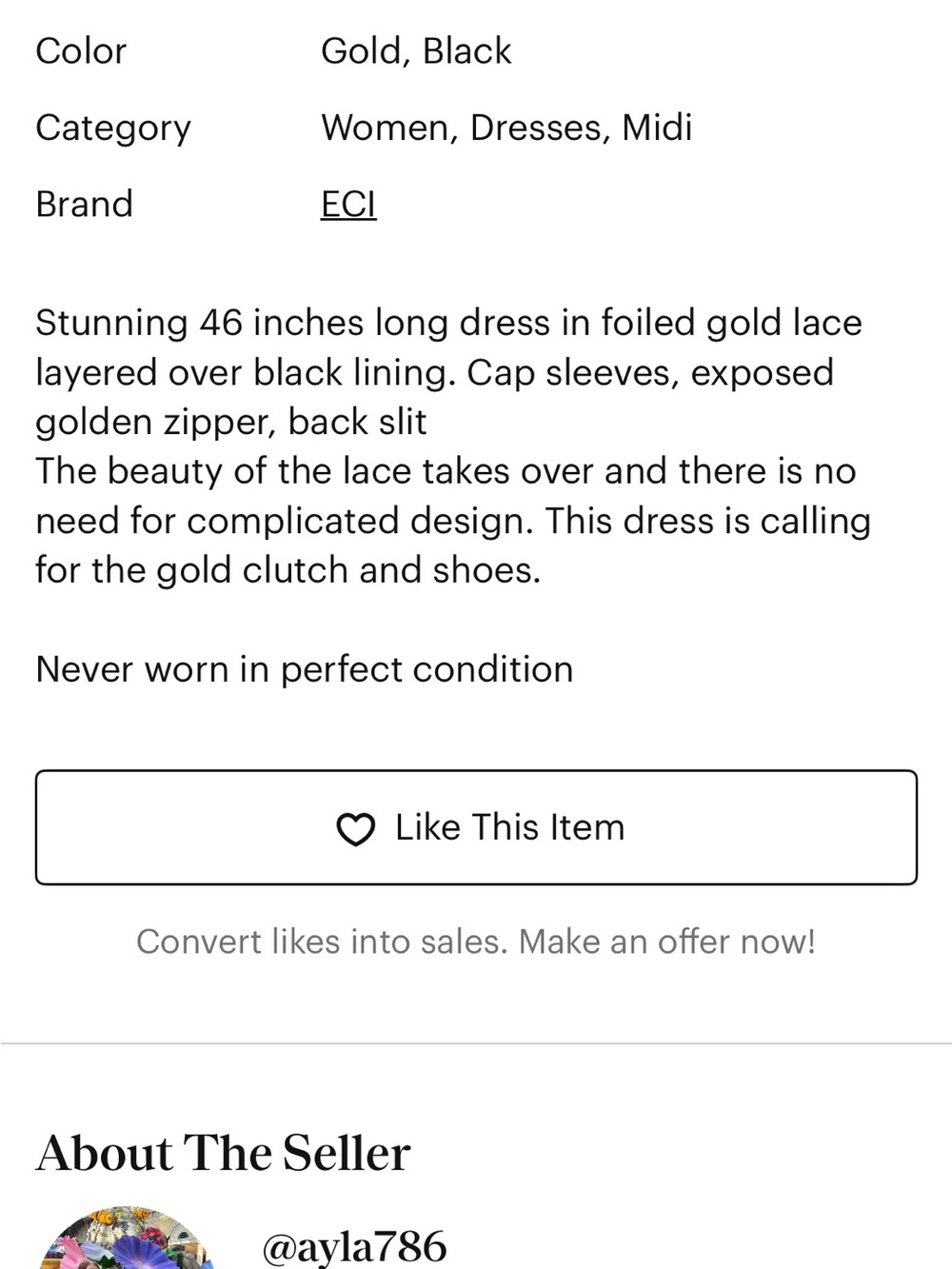 ECI New York Foiled Gold Lace Cap Sleeve Midi Sheath Dress New Size 8 - Picture 5 of 8